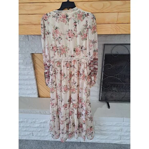 Penelope Rose Floral Maxi Dress XL Lace Trimmed Boho Long Sleeve Tiered Buttons - Picture 5 of 12